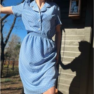 Vintage Blue and White Polka Dot Skirt and Shirt Matching Set